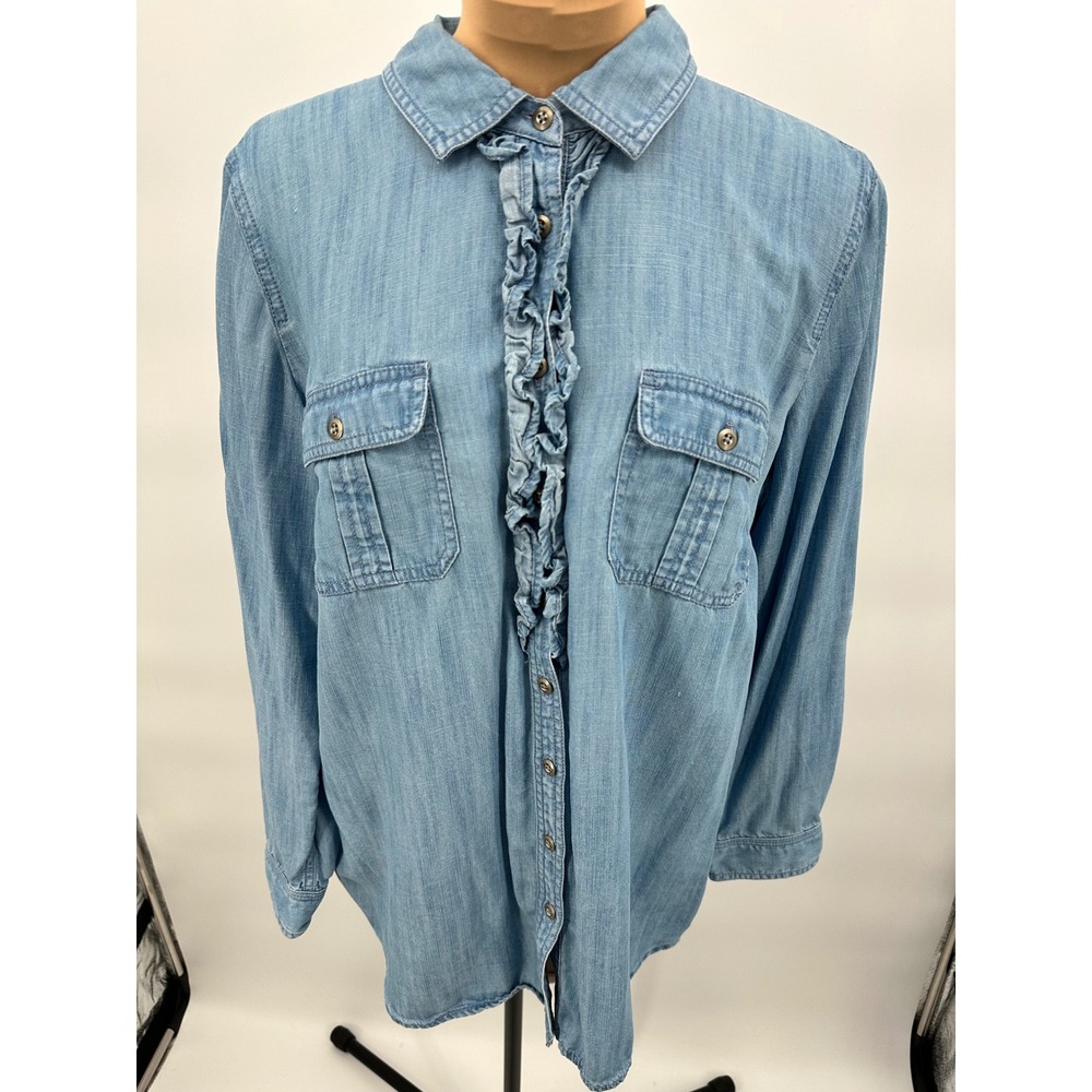 Talbots Petites‎ Chambray Shirt LP Ruffle Front Roll Tab Long Sleeve Denim